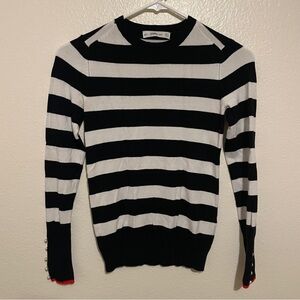 Zara Knit Striped Black & White Sweater Pearl & Red Detail Cuffs Size Small
